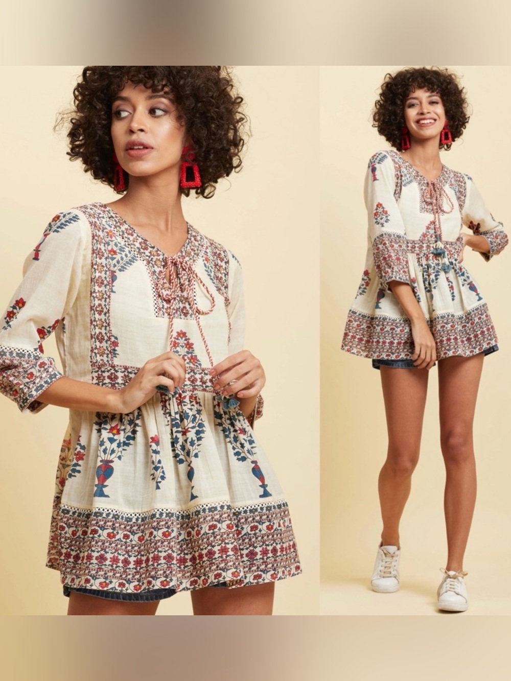 Label Ritu Kumar Chameli Ecru Tiered Blouse Top Medium Boho Embellished Peasant
